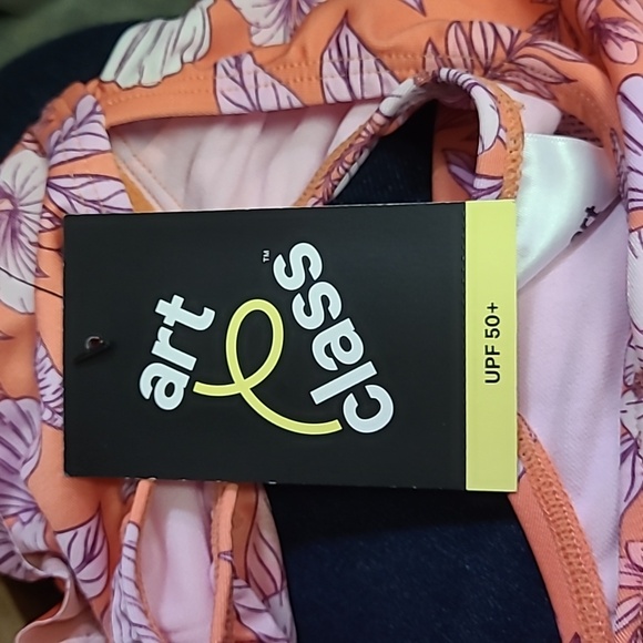 Girl's Floral Print Off Shoulder One Piece Swimsuit- Art Class girls 6x - Picture 3 of 3